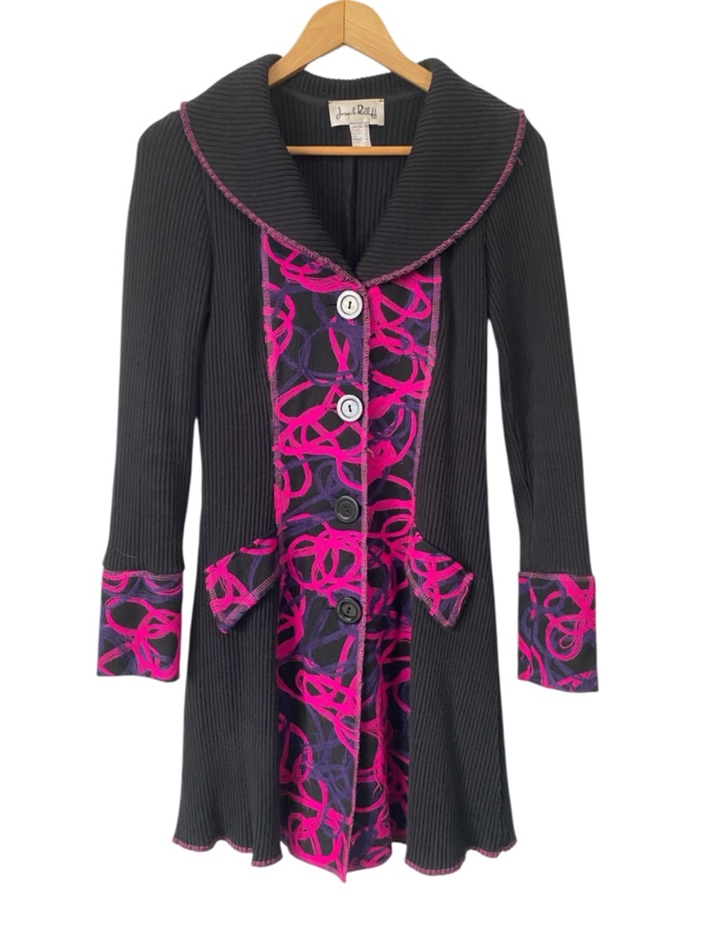 Joseph Ribkoff ribbed knit coat dress purple pink abstract embroidered design 8